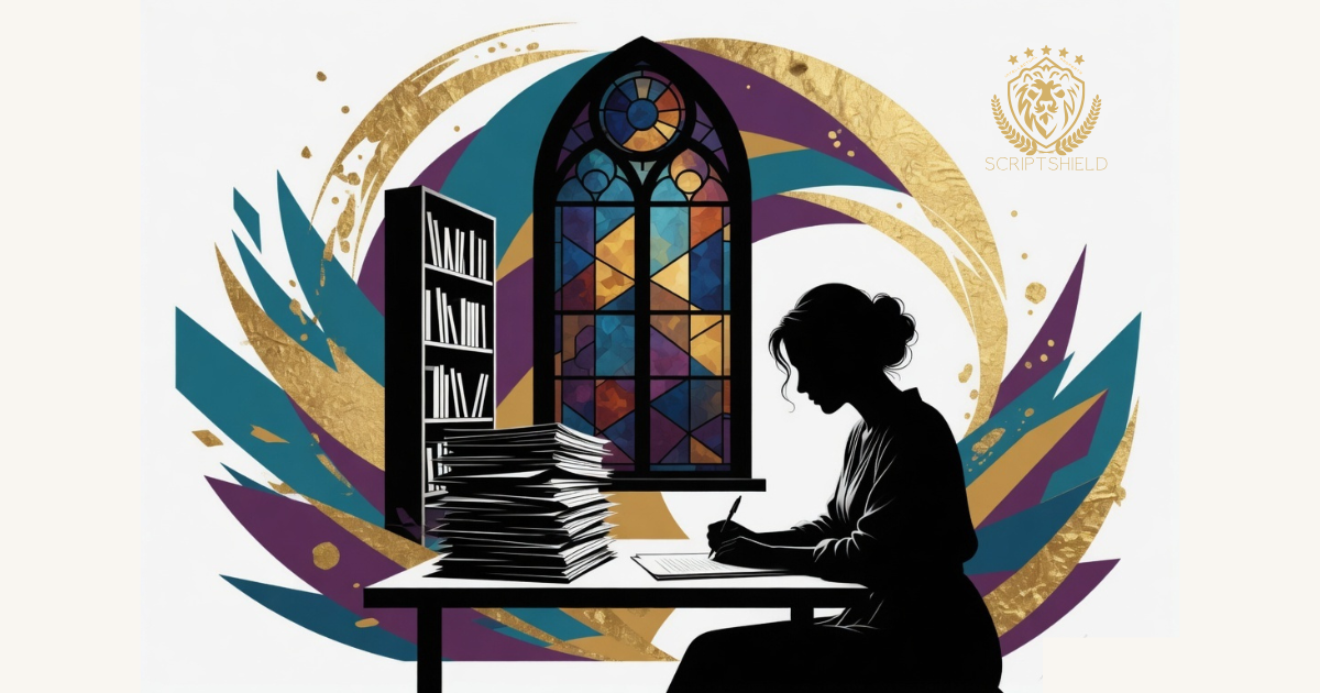 Writer by a stained glass window, thoughtfully capturing why authorship proof matters for creators