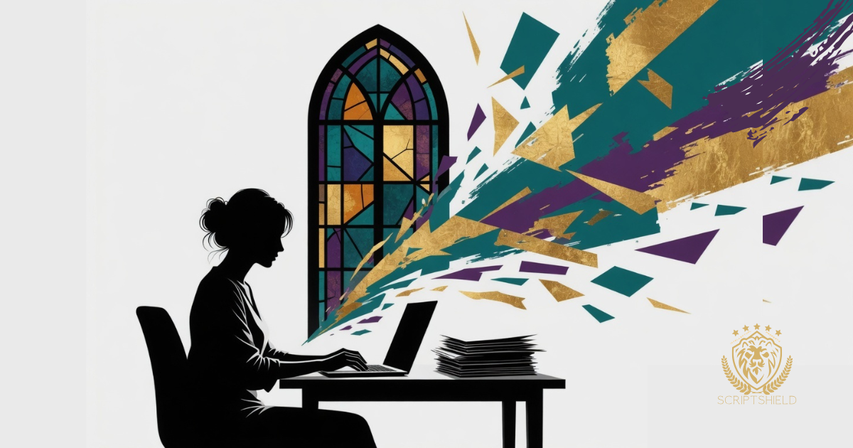 Screenwriter at laptop with creative energy bursting from the page