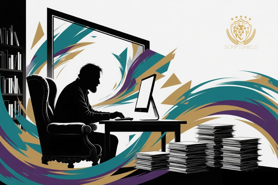 Screenwriter at computer with stacks of scripts, preparing for a pitch meeting