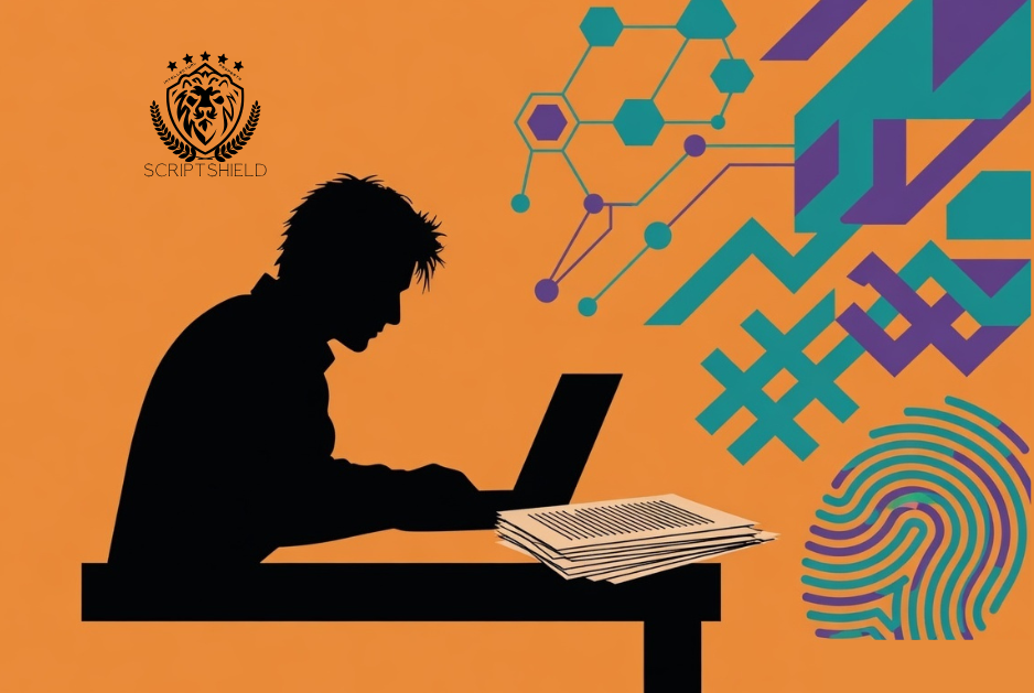 Writer with blockchain and digital fingerprint imagery representing cryptographic authorship proof