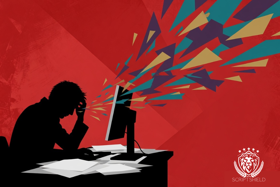 Writer in distress at a screen, representing the threat of screenplay theft